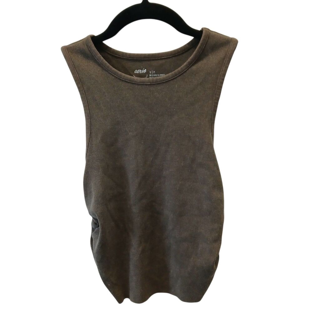 NEW Aerie Tank Top Cropped Ribbed Ruched Sides Army Green Size Small Stretch